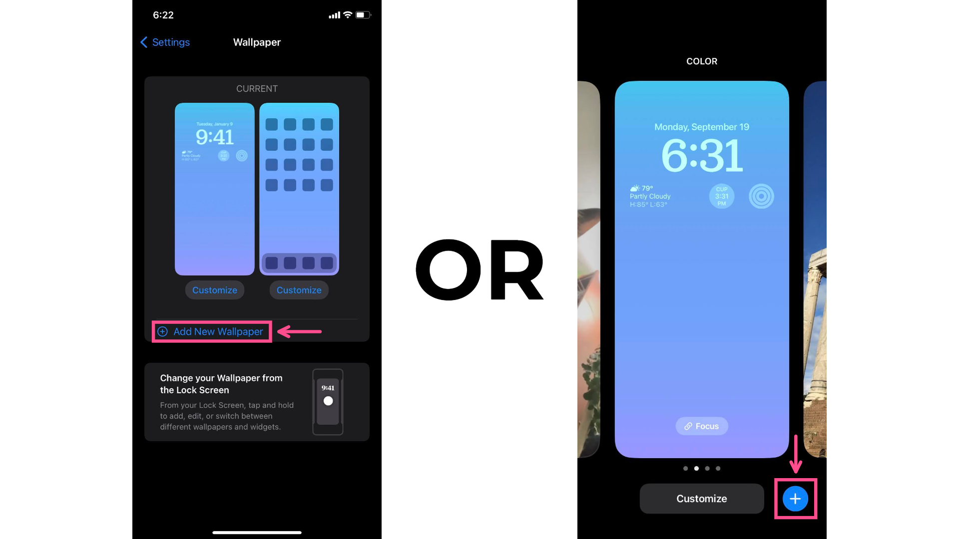 Screenshots showing how to add a new wallpaper in iOS 16