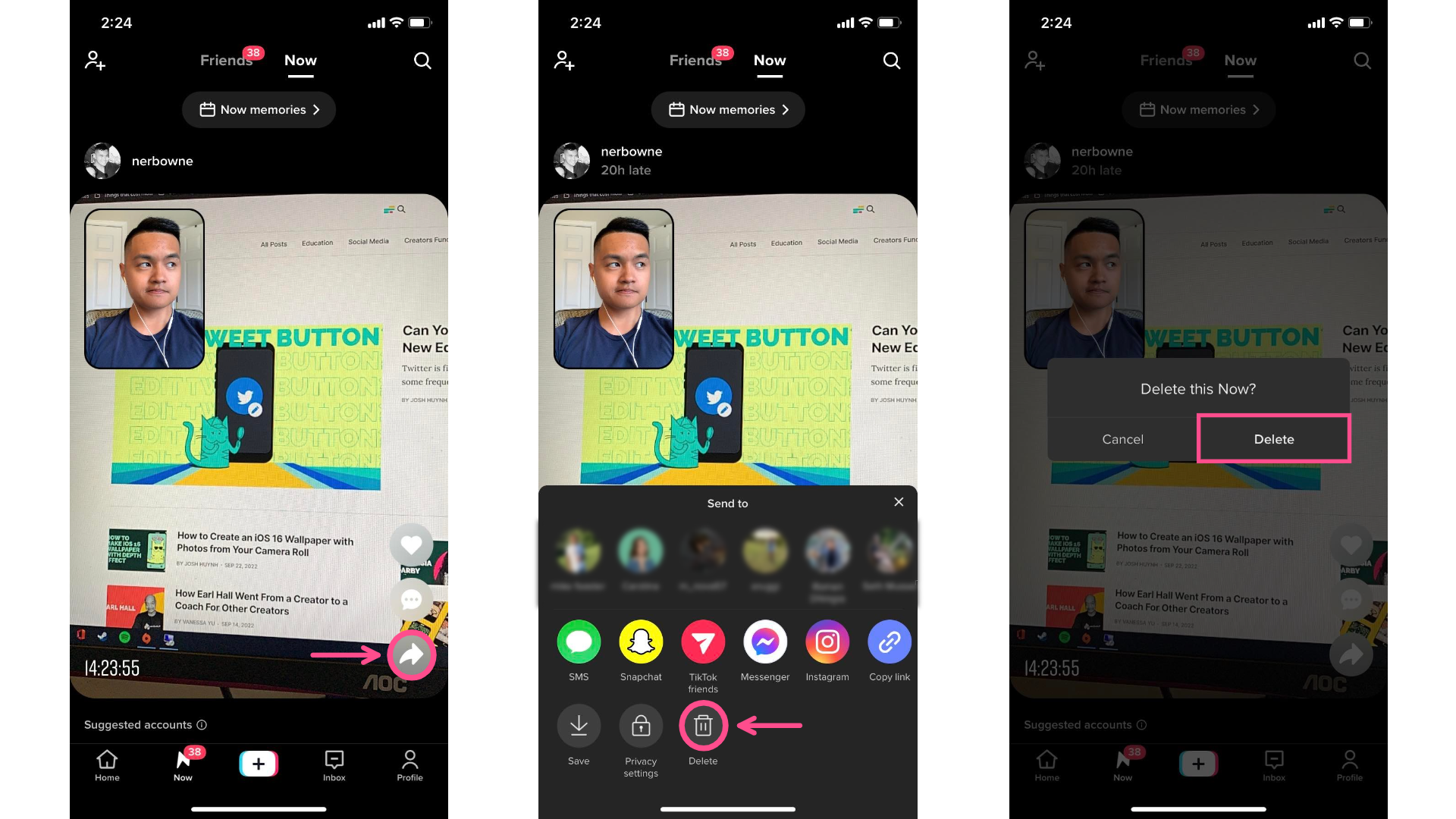 Screenshots showing how to delete a TikTok Now post