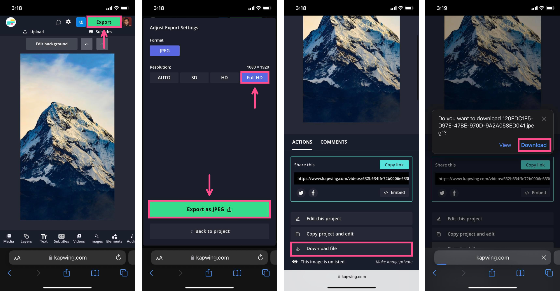 Screenshots showing how to Export and Download a project from Kapwing on a mobile device