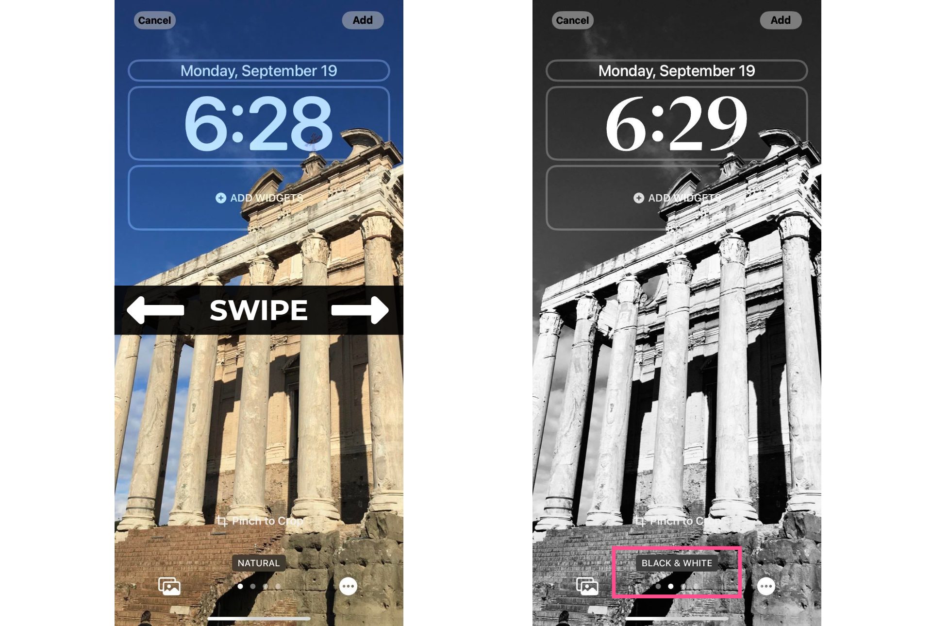 Screenshots showing how to apply filters to a wallpaper on iOS 16