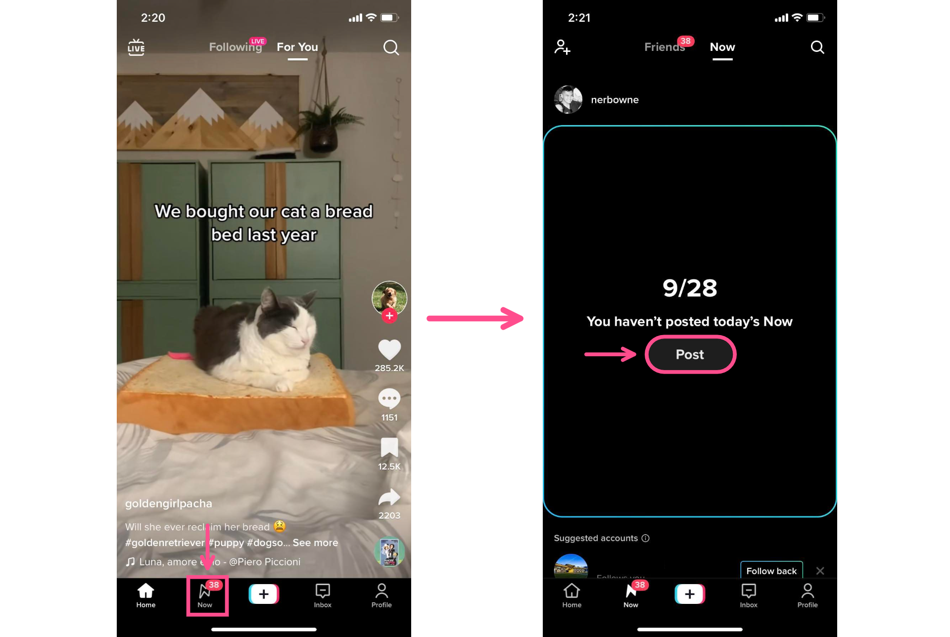 Screenshots showing how to get to the TikTok Now tab
