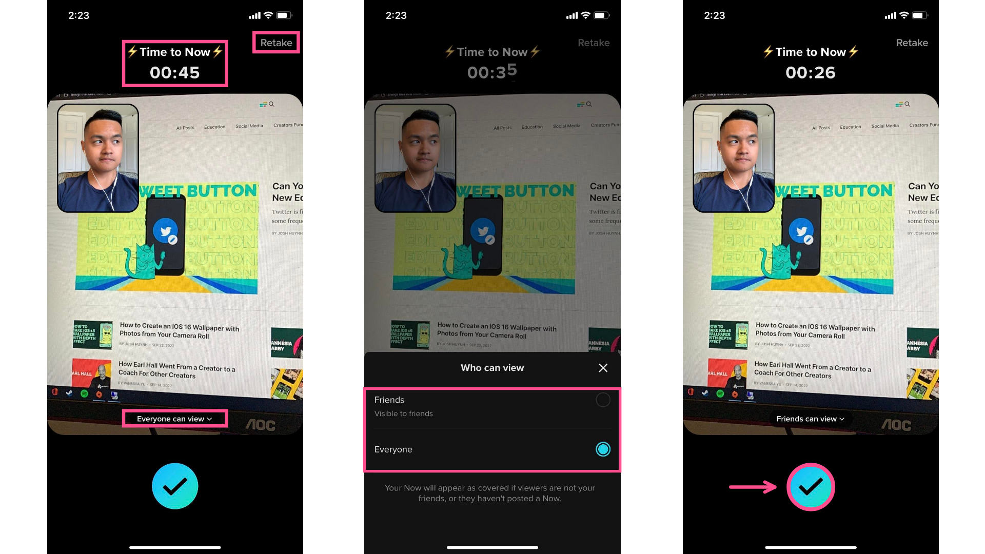 Screenshots showing how to post and edit the privacy settings of a TikTok Now