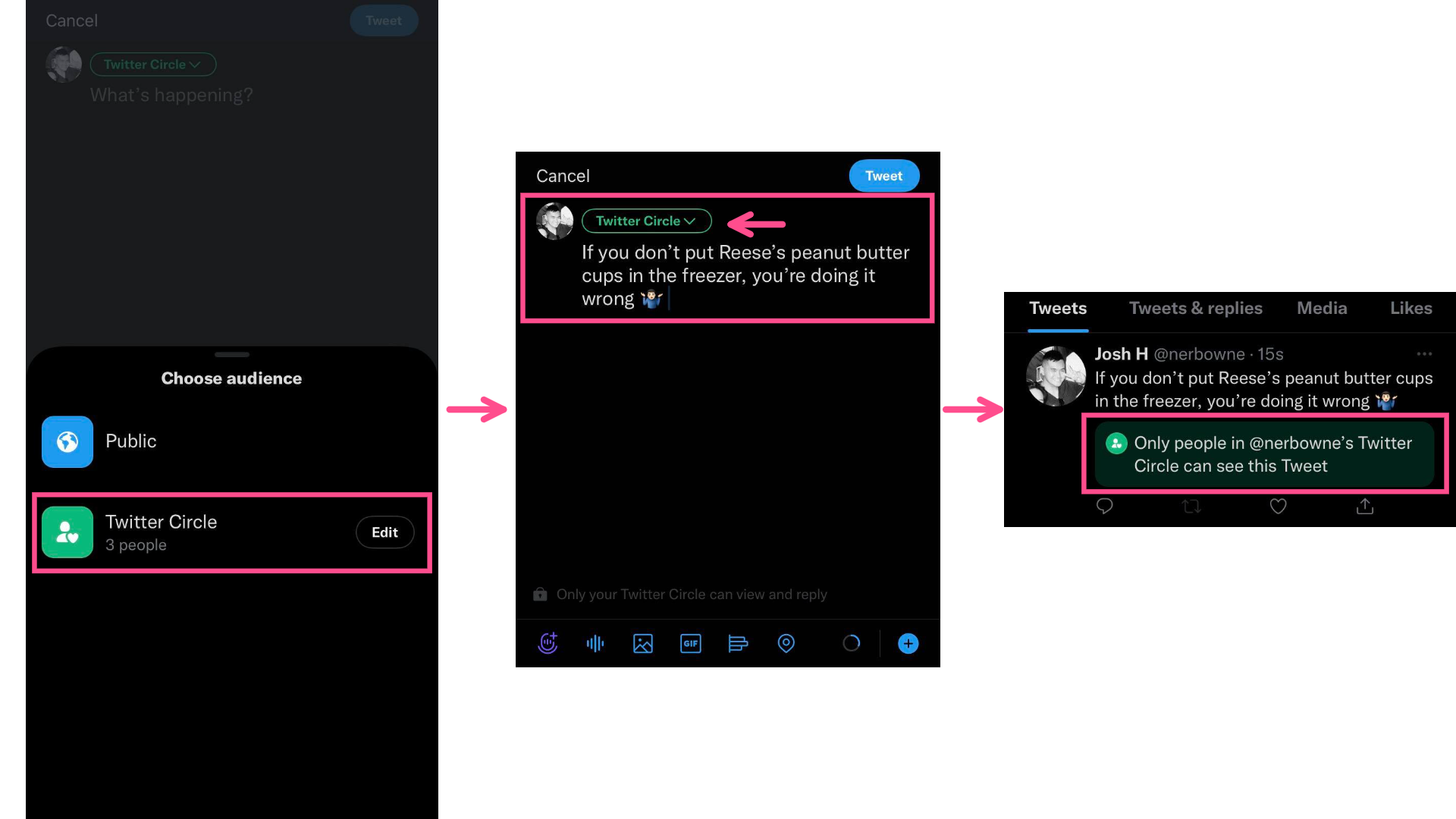 Screenshots showing how to Tweet using the Twitter Circle feature