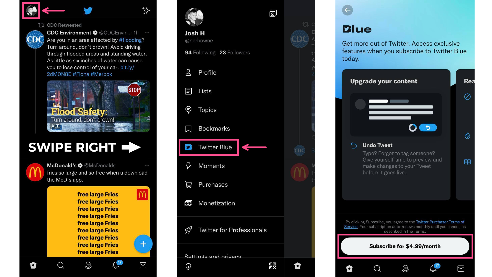 Screenshots showing how to get a Twitter Blue subscription on a mobile device
