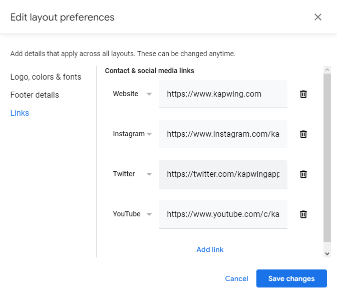 A screenshot showing how to add Links in Gmail Layouts