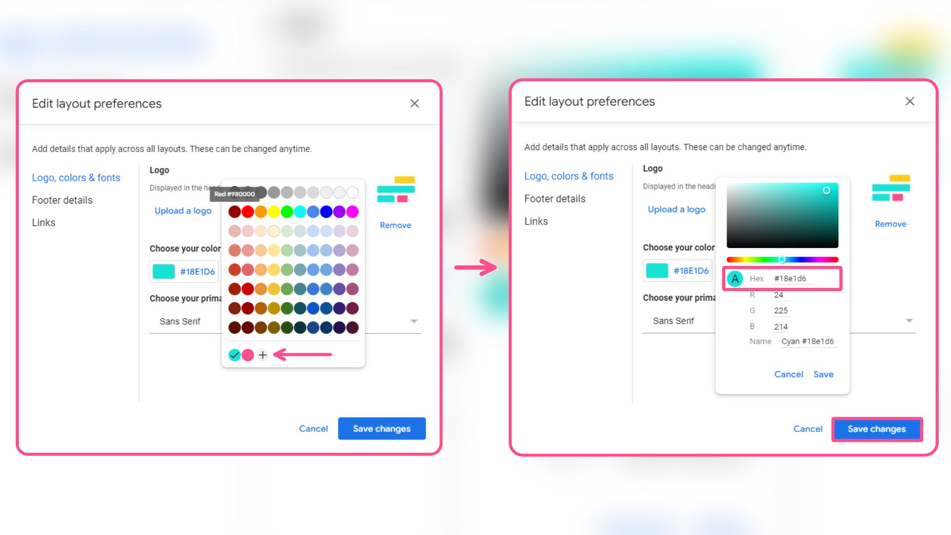 Screenshots showing how to add your own color in Gmail Layouts