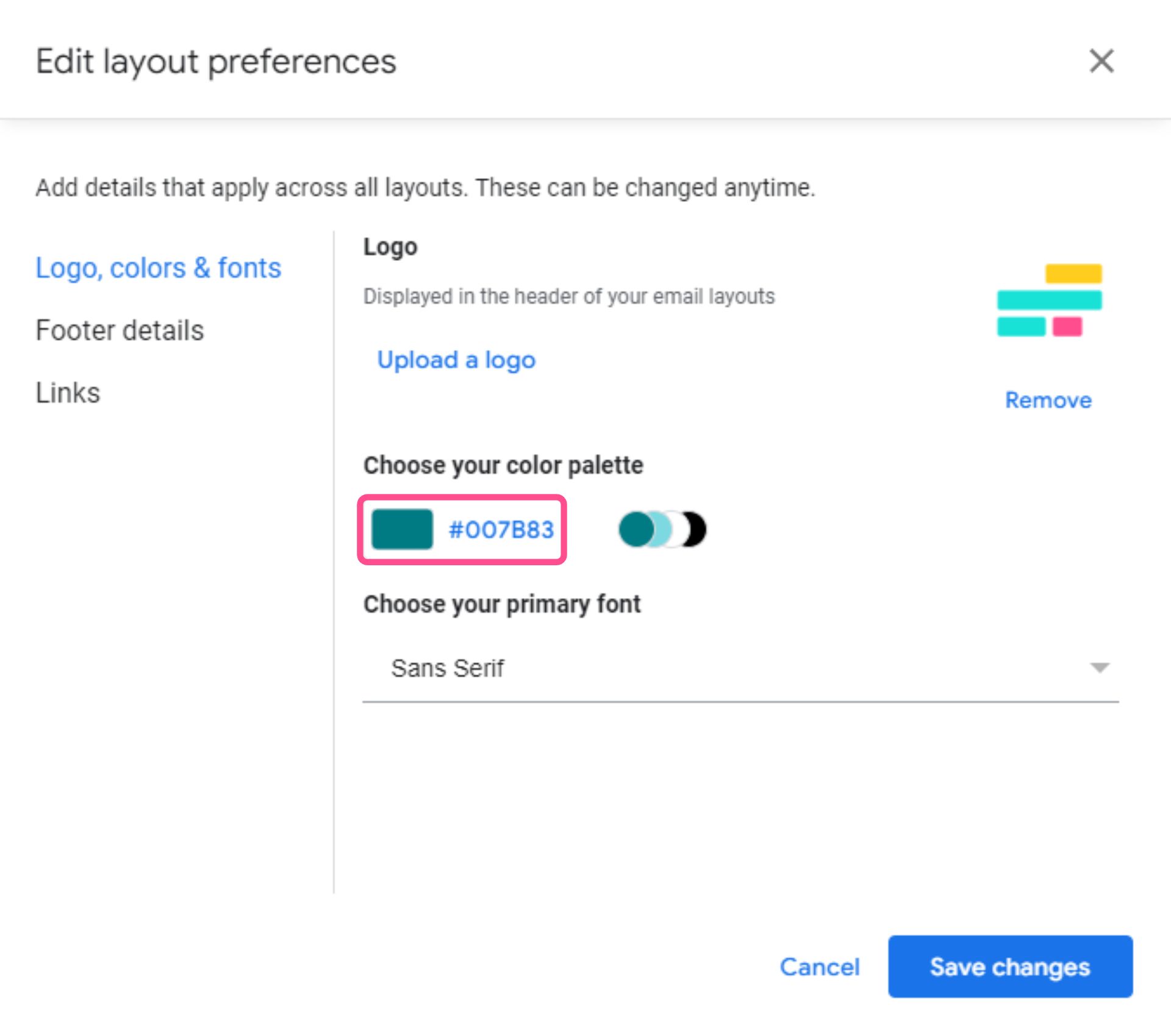 A screenshot showing how to a color palette in Gmail Layouts