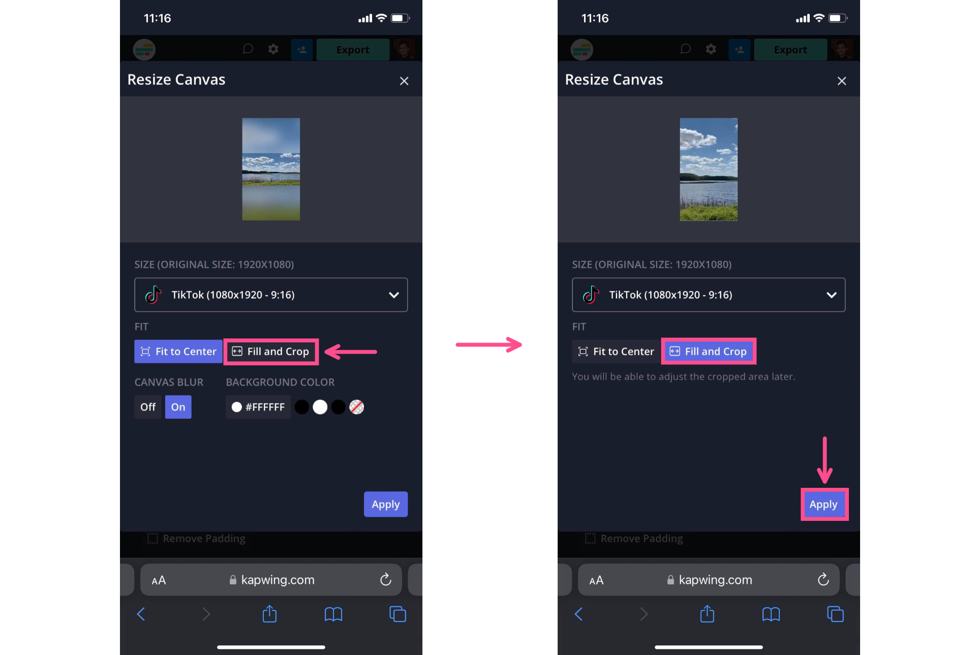 Screenshots showing how to fill and crop a vertical video in Kapwing