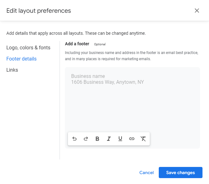 A screenshot showing how to add Footer details is Gmail Layouts