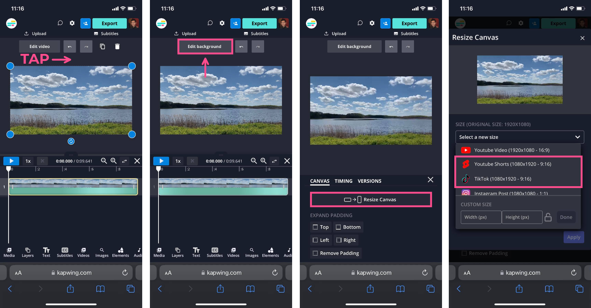 Screenshots showing how to resize your video in Kapwing