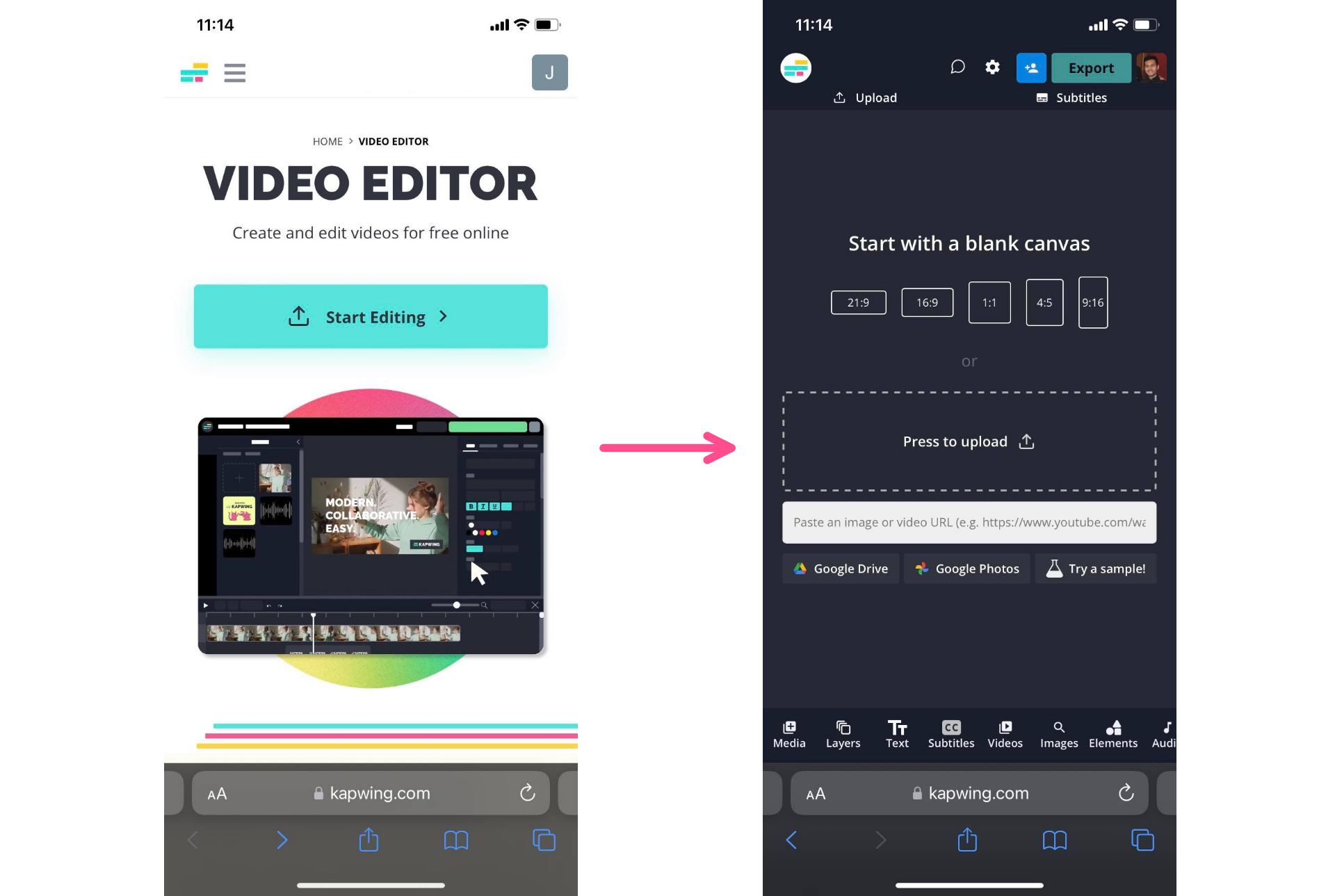 Screenshots showing how to upload a video to Kapwing