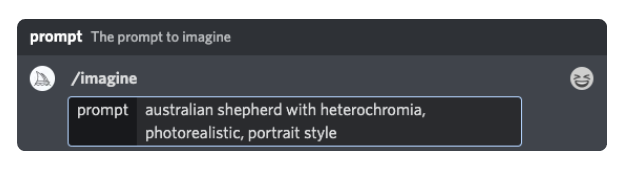 screenshot of the imagine command in Midjourney; it shows the text /imagine over a text box that says "prompt" on the left side and editable area for a user to enter their query with the example text of "australian shepherd with heterochromia, photorealistic, portrait style"