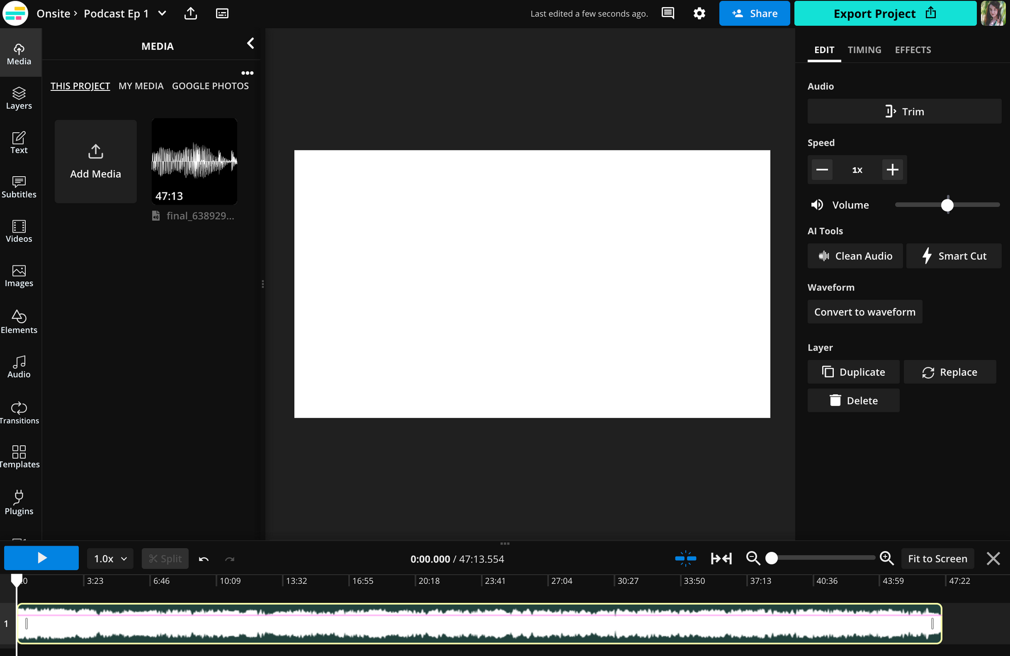 Screenshot of the Kapwing audio editor interface with a file uploaded. It shows a waveform on the timeline that represents the audio peaks and valleys of the file. There are audio editing tools in a menu to the right side of the screen.