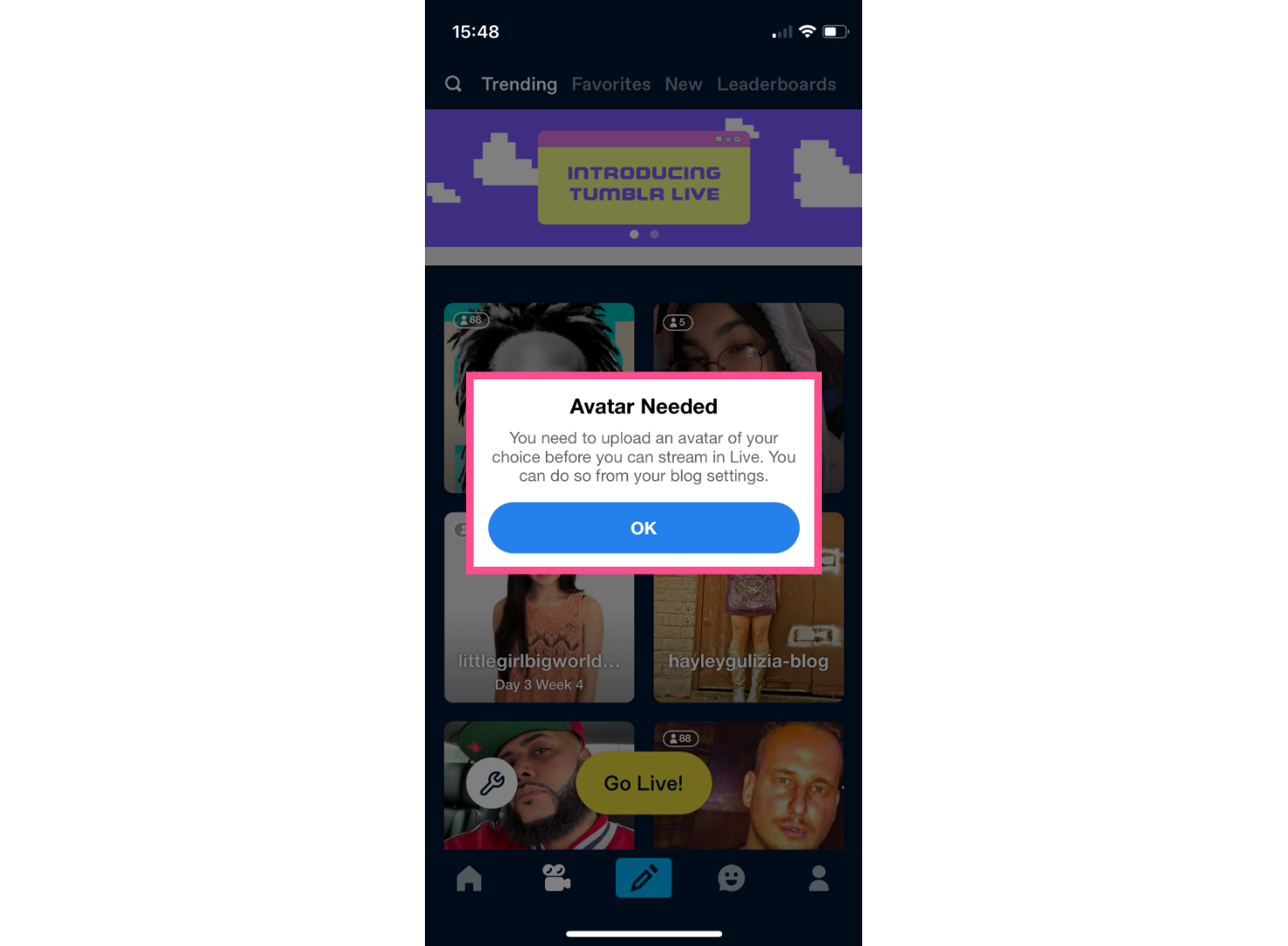 Avatar Needed pop up from Tumblr. The text reads: You need to upload an avatar of your choice before you can stream in Live. You can do so from your blog settings.
