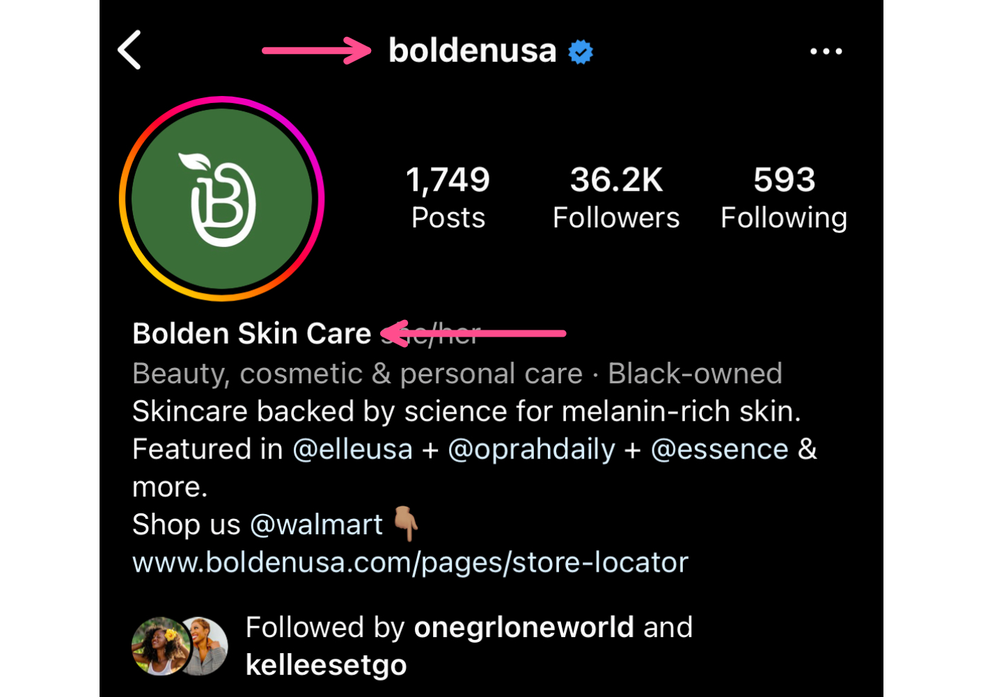 Screenshot of skin care brand Bolden's Instagram profile. The username of the account is @BoldenUSA. The name of the account is "Bolden Skin Care." The Instagram bio reads as follows: Beauty, cosmetic, and personal care. Black-owned. Skincare backed by science for melanin-rich skin. Featured in @ElleUSA, @OprahDaily, @Essence and more. Shop us @Walmart."