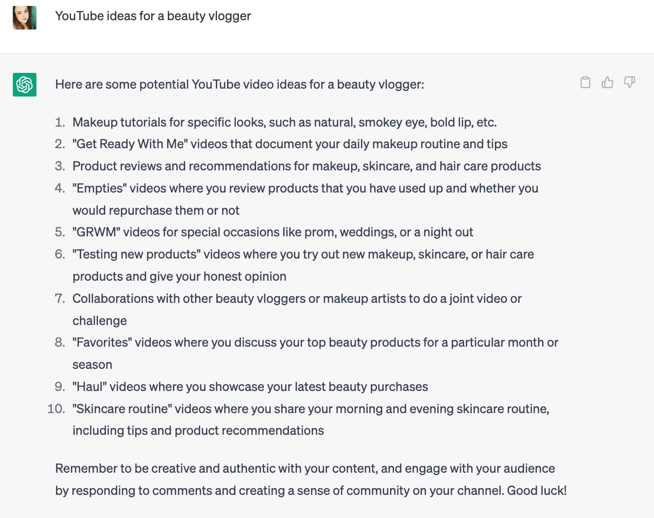 Screenshot of ChatGPT 3.5 coming up with a variety of ideas for a beauty vlogger on YouTube. The ideas are presented in a numbered list.