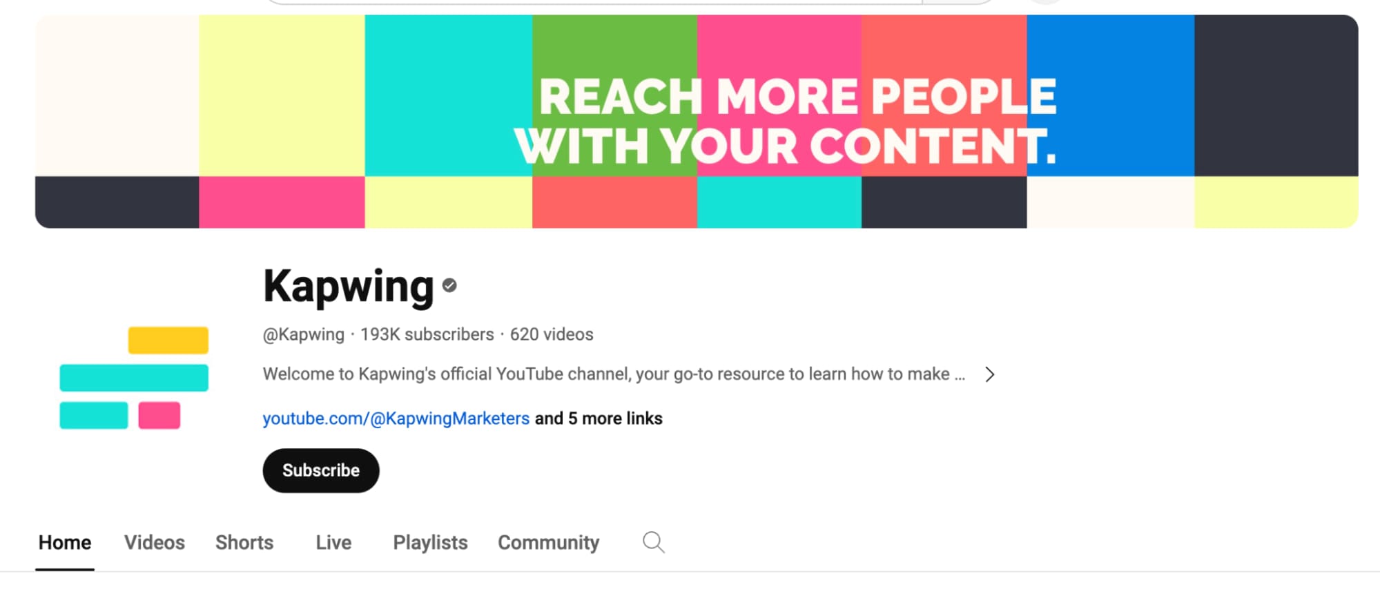 Screenshot of the Kapwing YouTube channel with 193k subscribers.