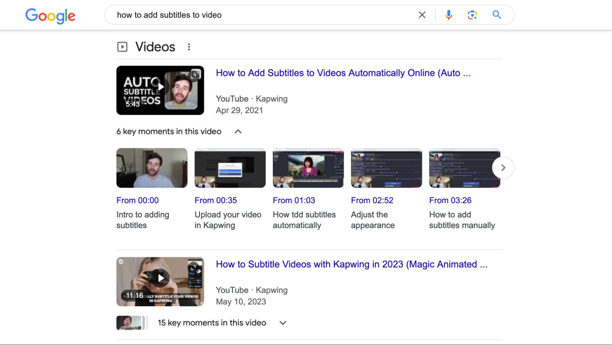 Screenshot of the search results for a keyword with lots of videos.