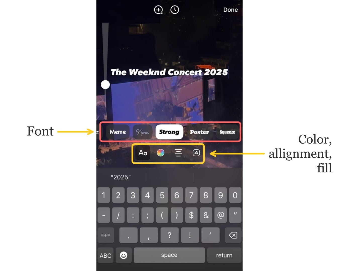 A screenshot showing the Reels text editor