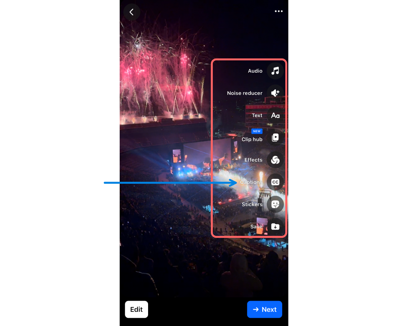 A screenshot showing the Facebook toolbar, with an arrow pointing to the Caption tool