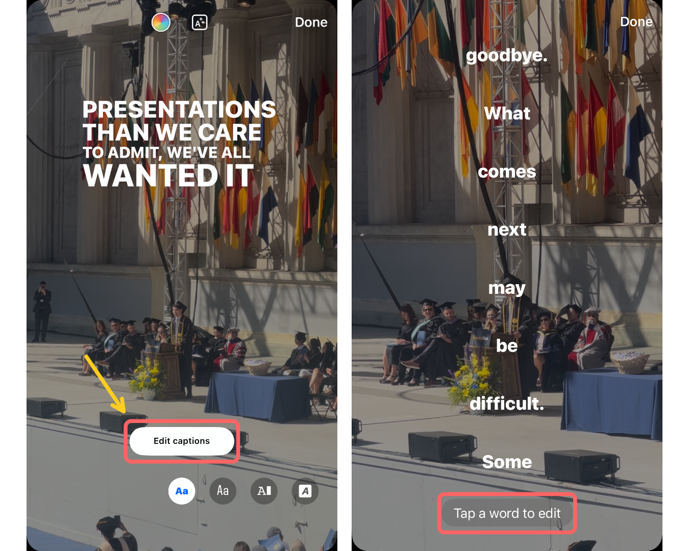 A screenshot of the Edit Captions screen showing each word broken down in a transcript