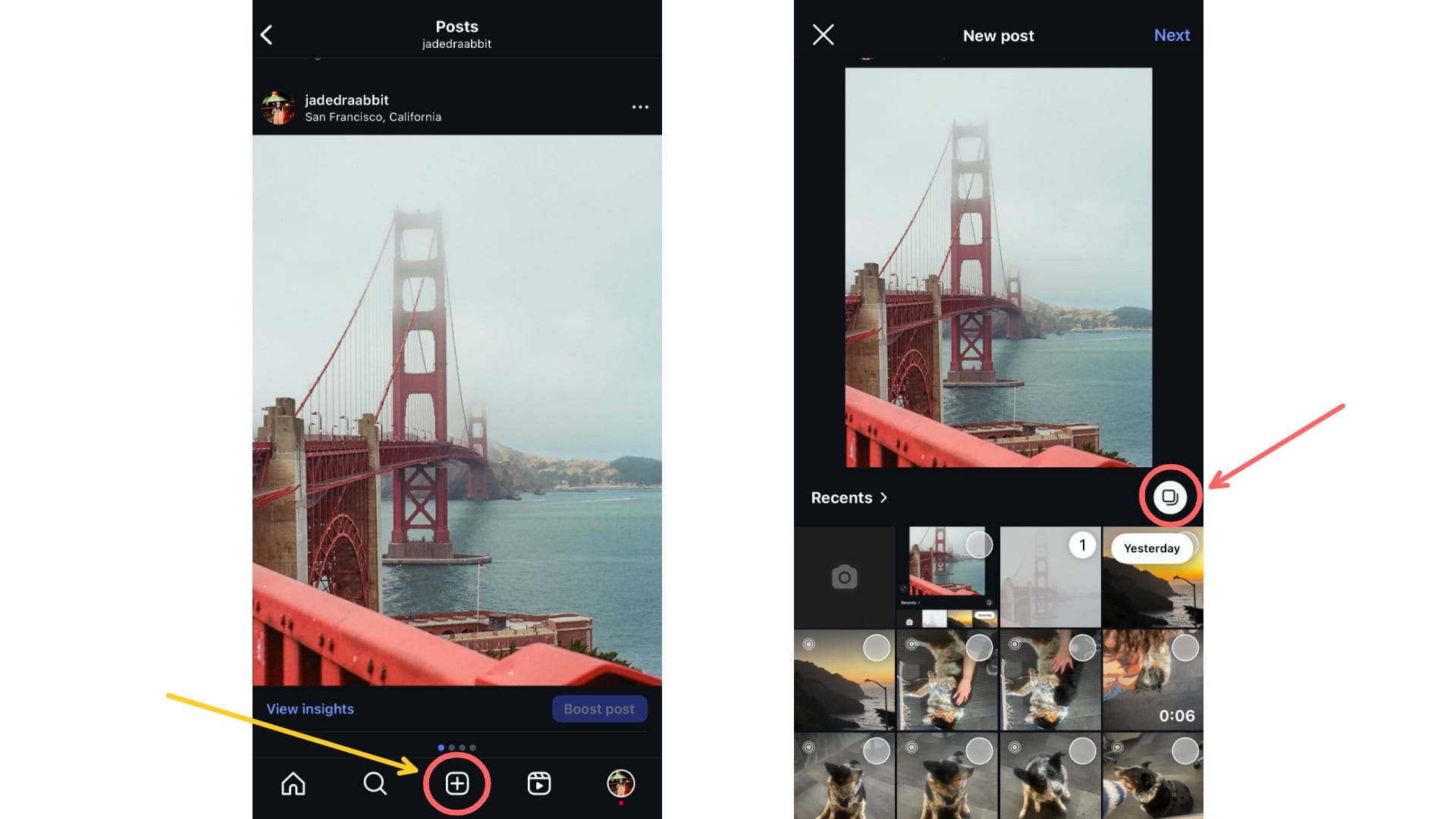 Two screenshots showing how to create a new post on Instagram and make it a carousel