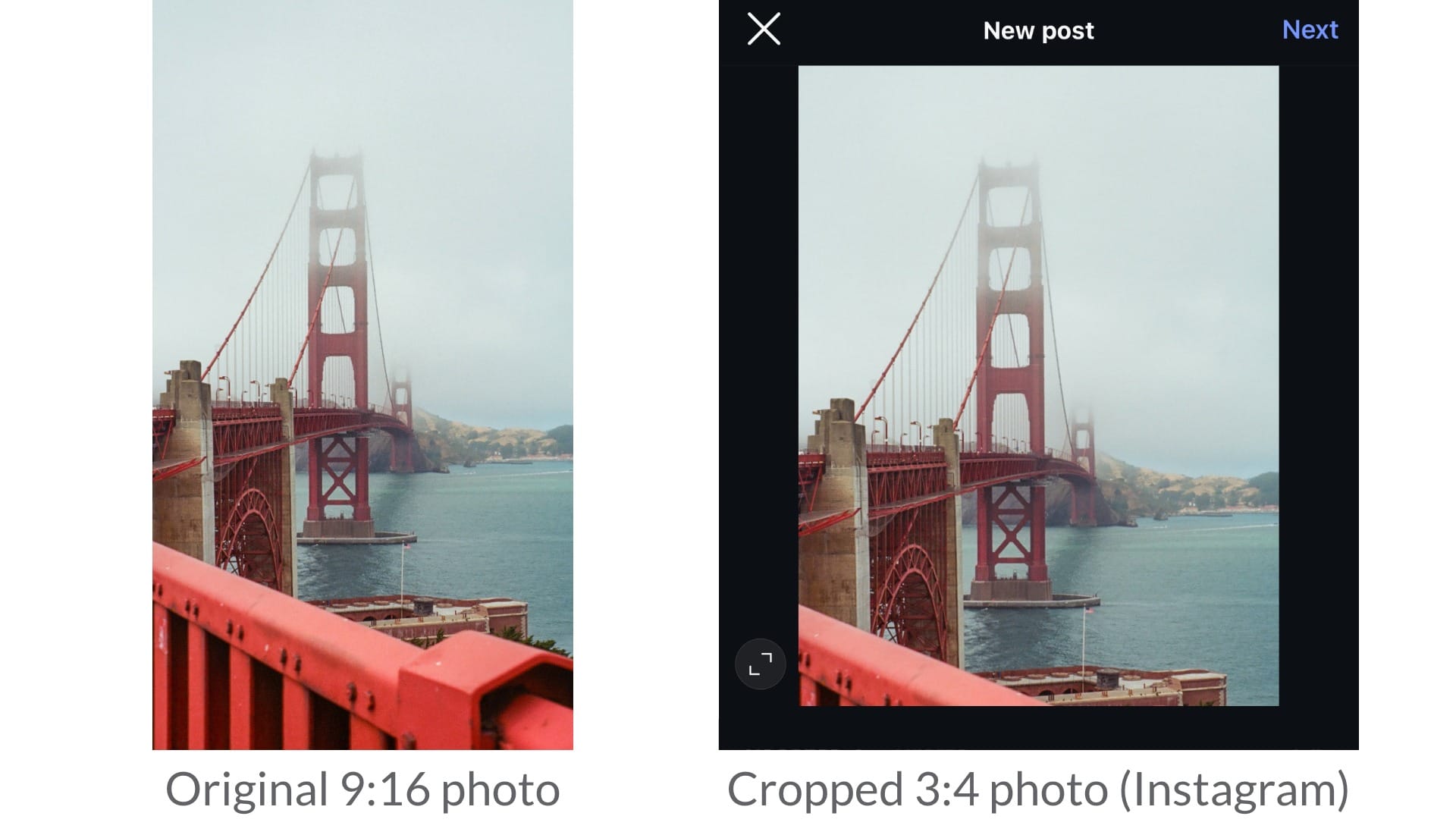 Alt text: Example of 9:16 photo cropped by Instagram vs. resized to 4:5 with borders.