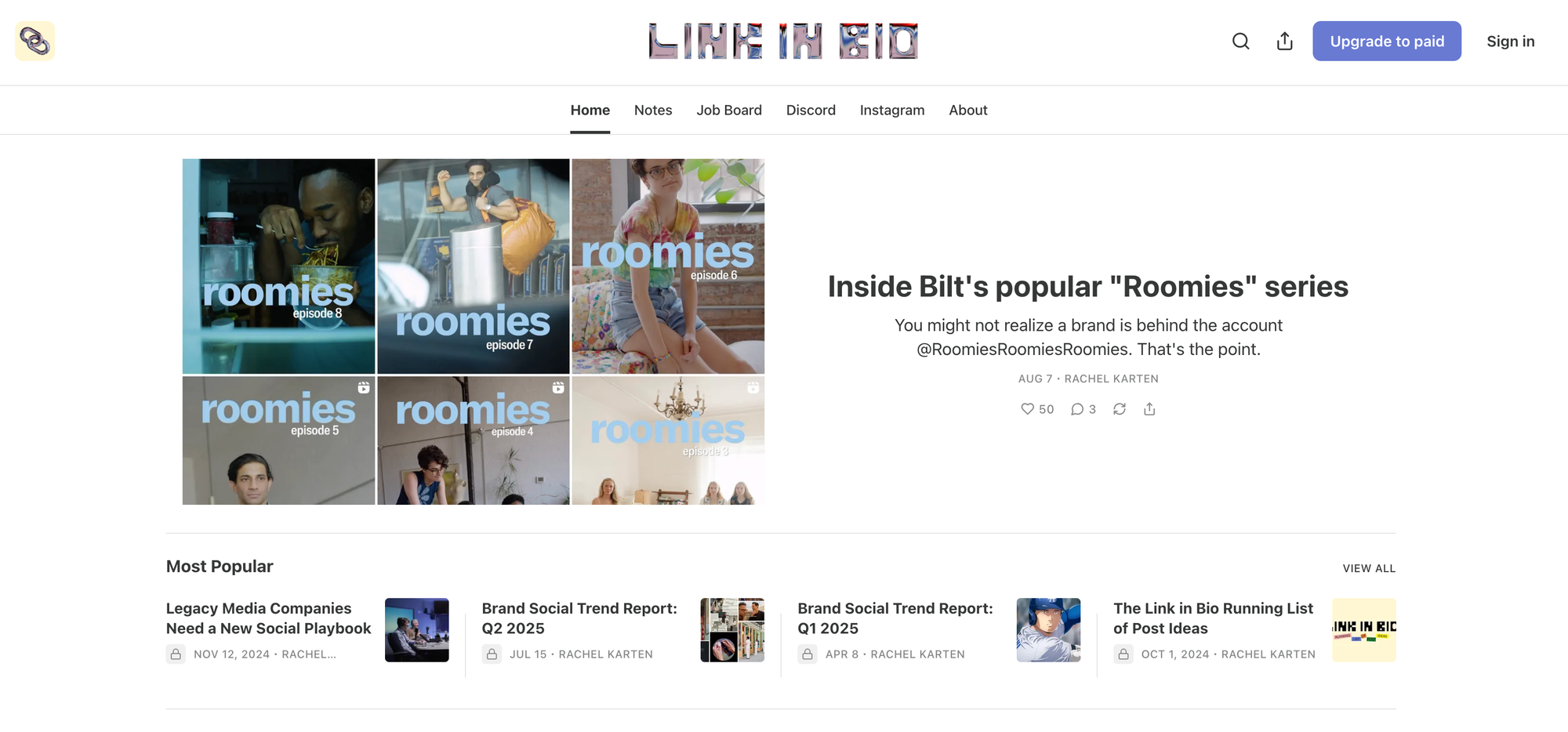 A screenshot showing the Link In Bio homepage