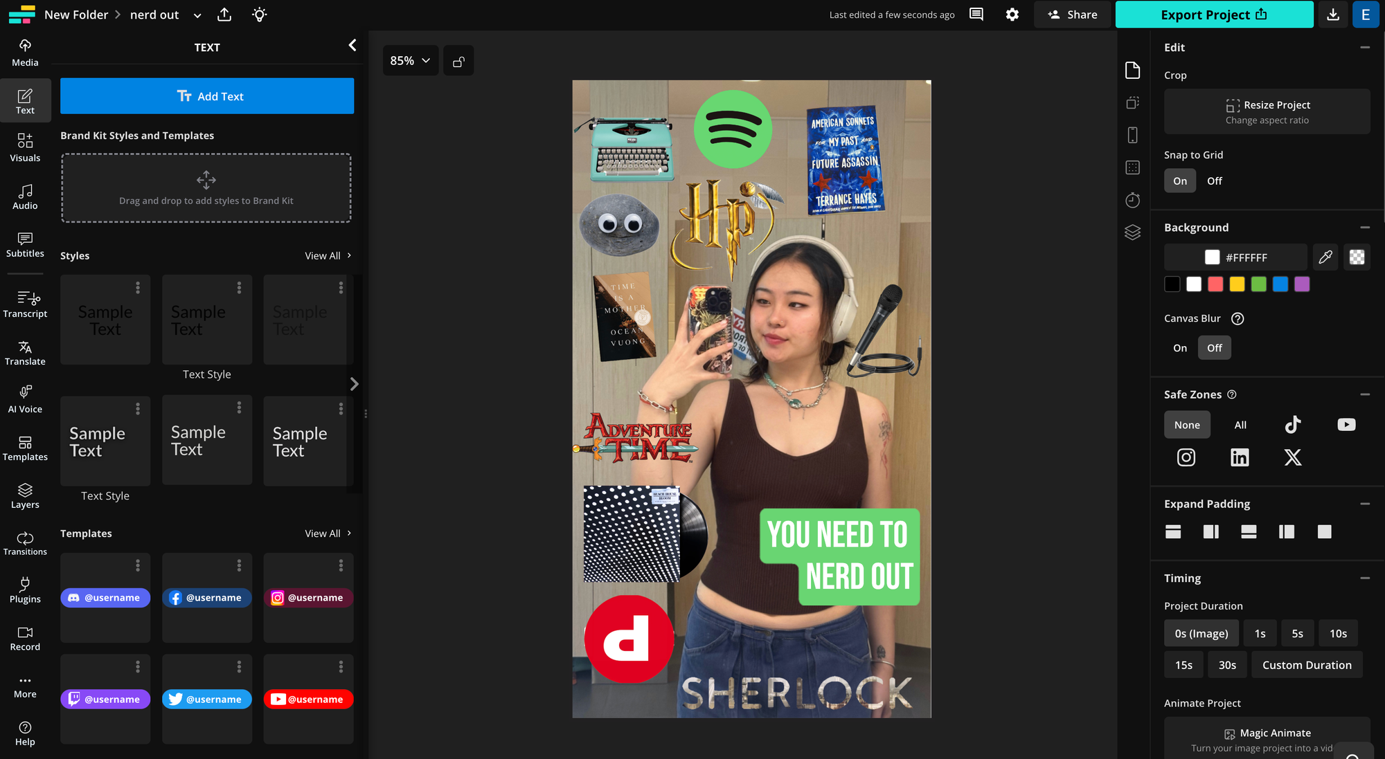 A screenshot of the Kapwing studio with the text overlay added to the base of the trend