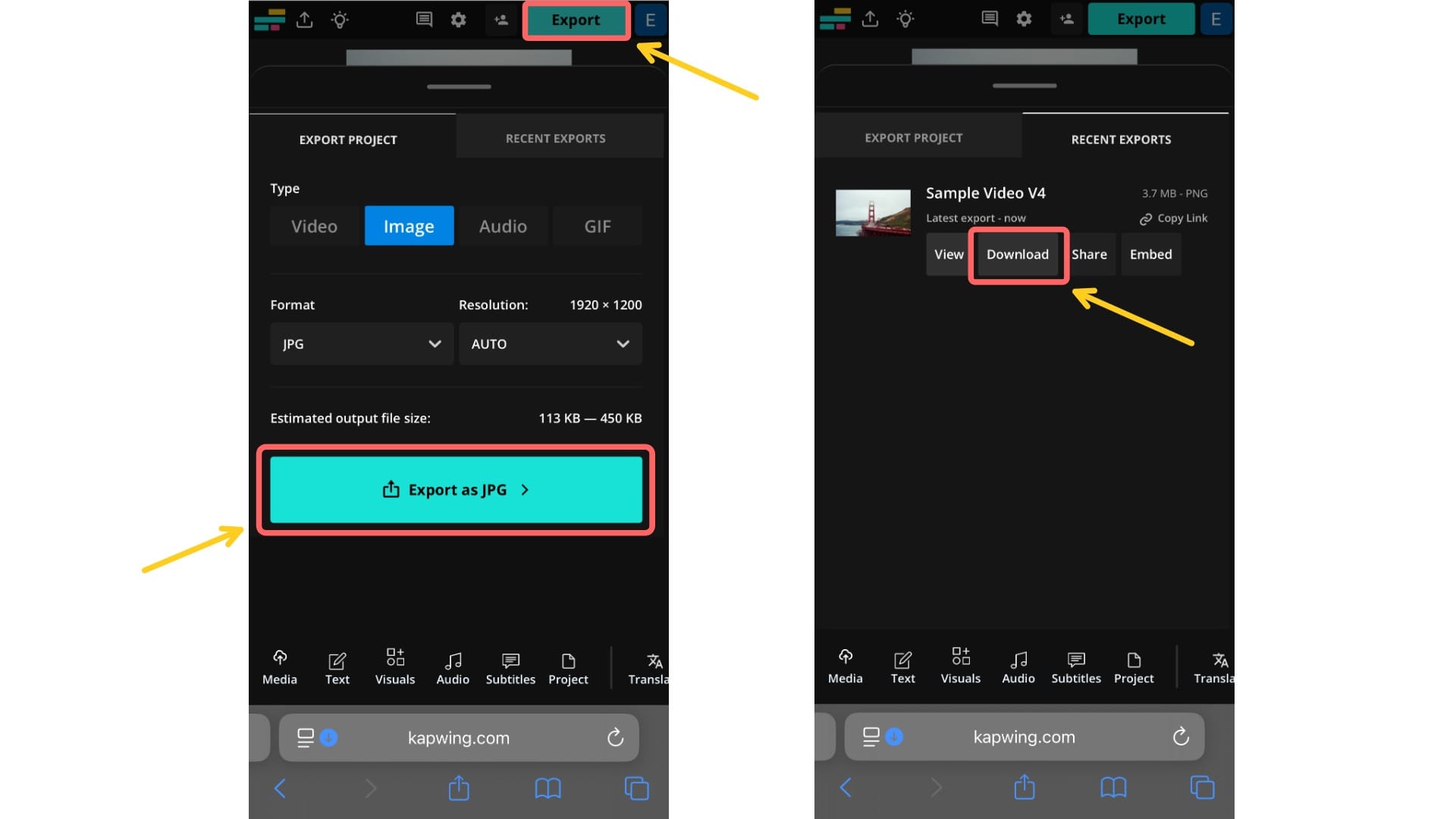 Two screenshots of the Kapwing studio showing how to export and download a project