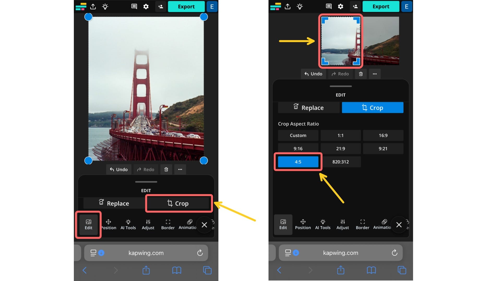 Screenshots showing how to crop an image in Kapwing by selecting "Edit," tapping "Crop," and choosing the 4:5 aspect ratio.