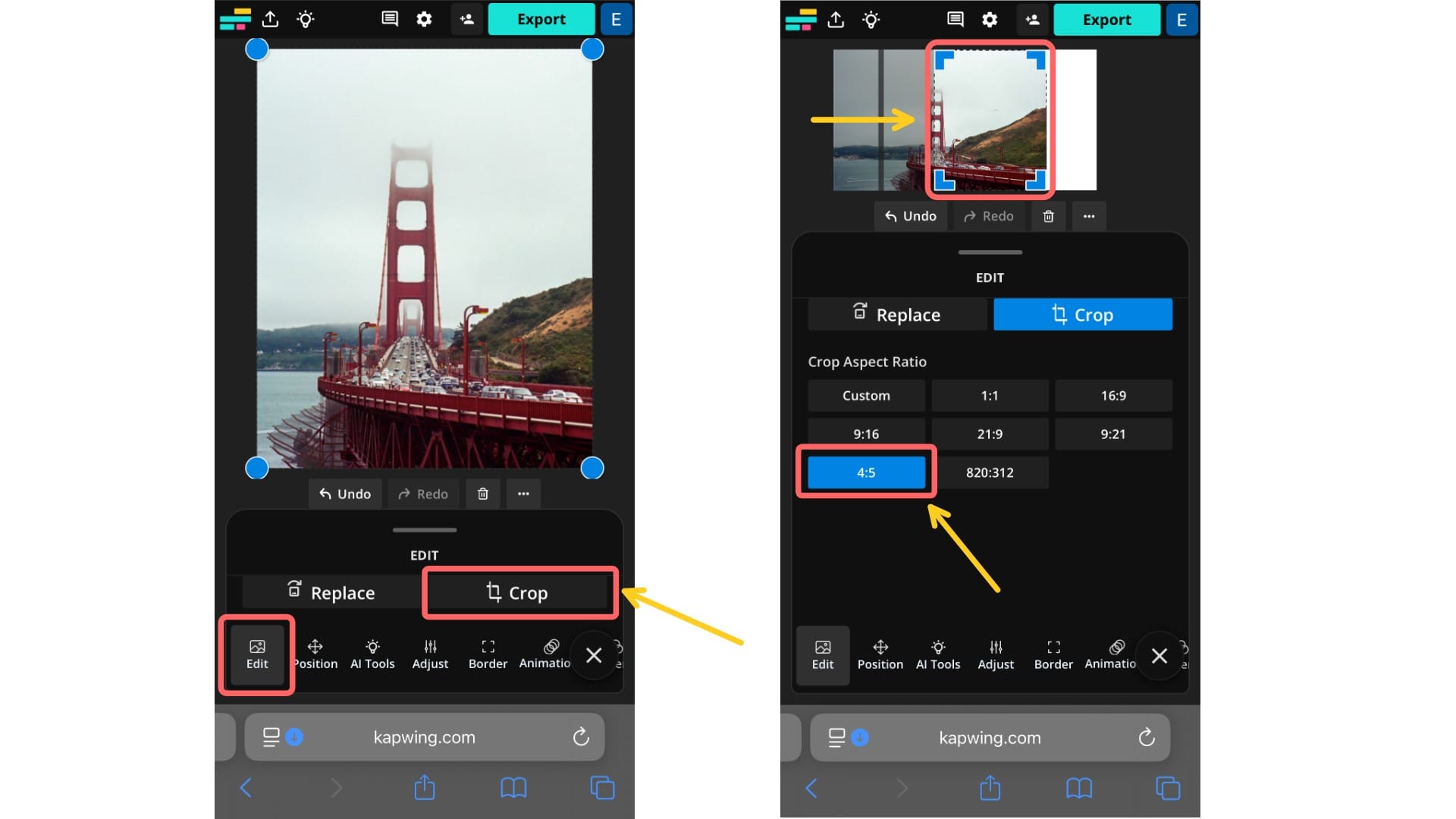 Screenshots showing how to crop an image in Kapwing by selecting "Edit," tapping "Crop," and choosing the 4:5 aspect ratio.
