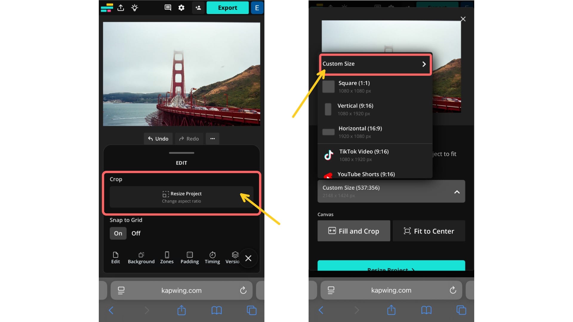 Step-by-step screenshots showing how to open the "Resize Project" tool and select "Custom Size" in Kapwing.