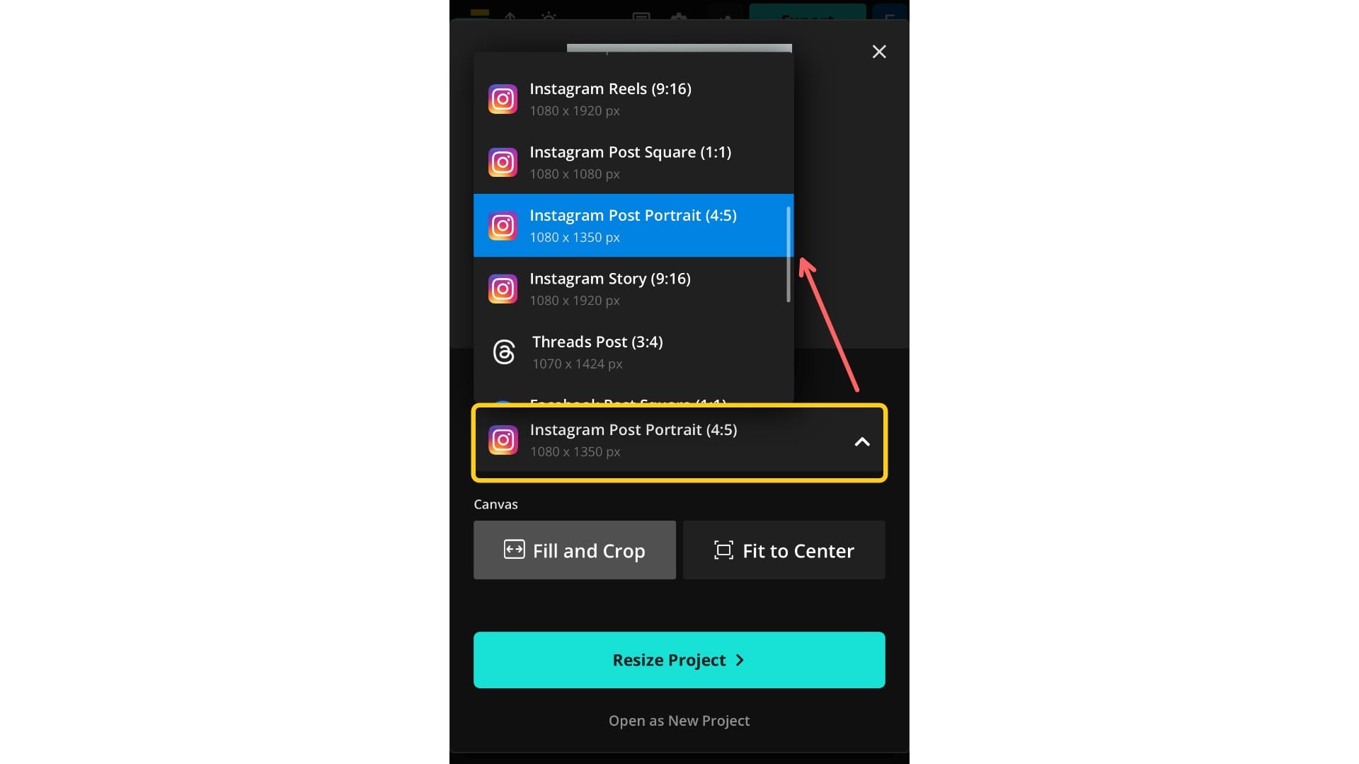 A screenshot showing the drop-down menu in the Resize Project tab