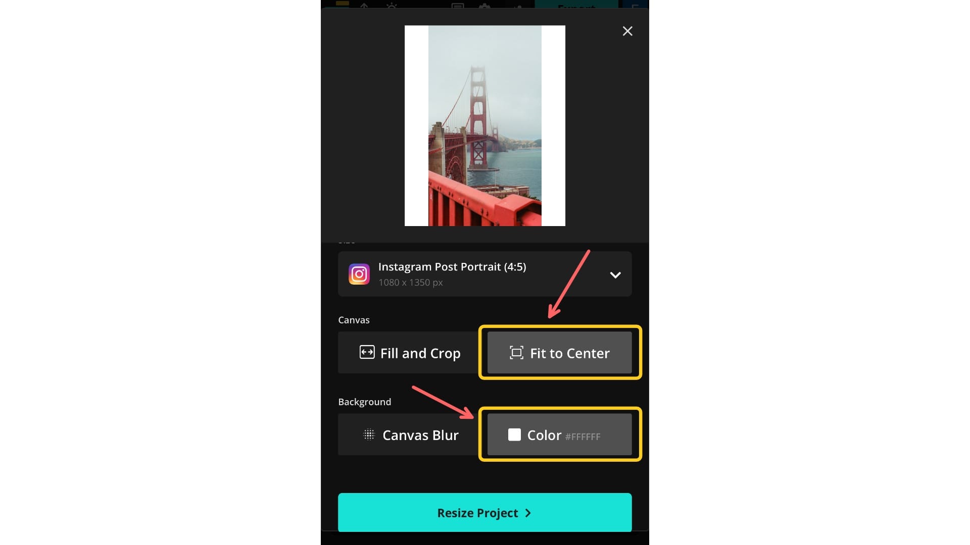 A screenshot showing the "Fit to Center" and Color buttons in the Resize Project menu