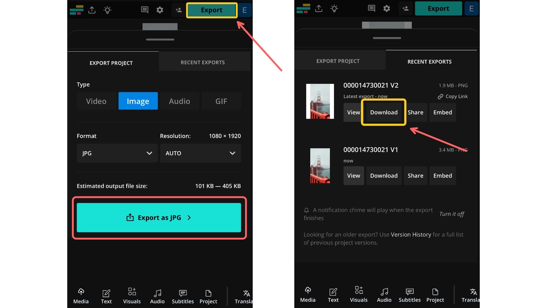 A screenshot showing the Export button, file type and resolution menu, and download button after resizing a photo for Instagram