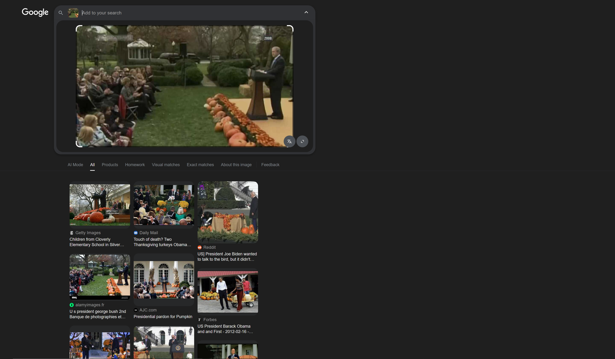 Example Google Lens search results when reverse video searching popular media.
