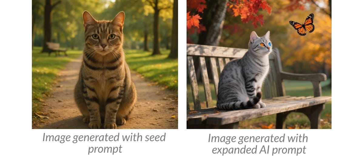 Side-by-side cat images: left shows a generic photo of a brown tabby cat on a park path, right shows a stylized silver cat with heterochromatic eyes on a bench with autumn leaves and a butterfly.
