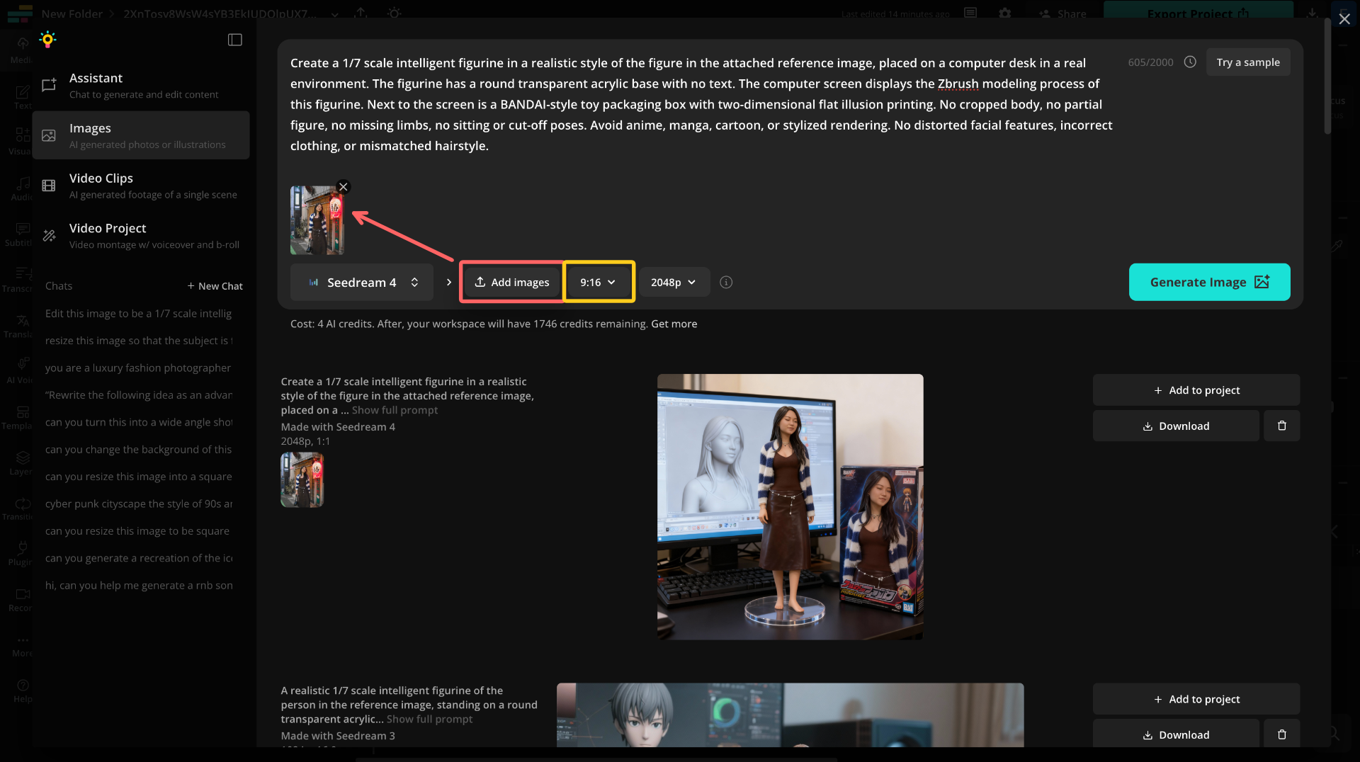 Kapwing interface showing Add Image button and aspect ratio options, with 9:16 portrait selected for TikTok AI 3D figurine posts.