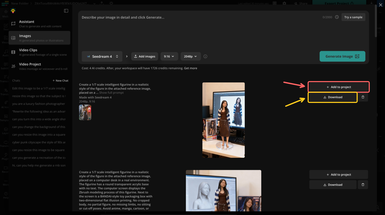Kapwing interface with options to download a TikTok 3D figurine trend image directly or add it to a project for edits like cropping, text overlays, or combining with video.