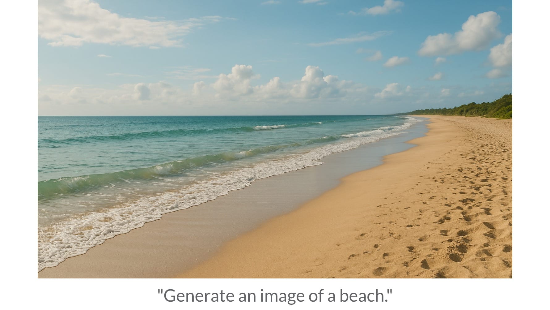 An AI-generated image of a beach created from a basic image prompt. The image is a generic image of a shoreline, with no details besides sand and water
