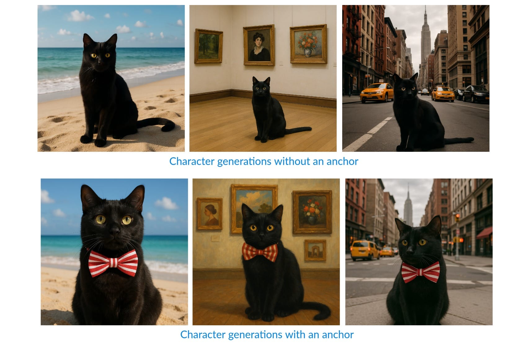 Six images of a black cat shown in three different locations. In one set of images, the cat has the visual anchor of a red bow tie