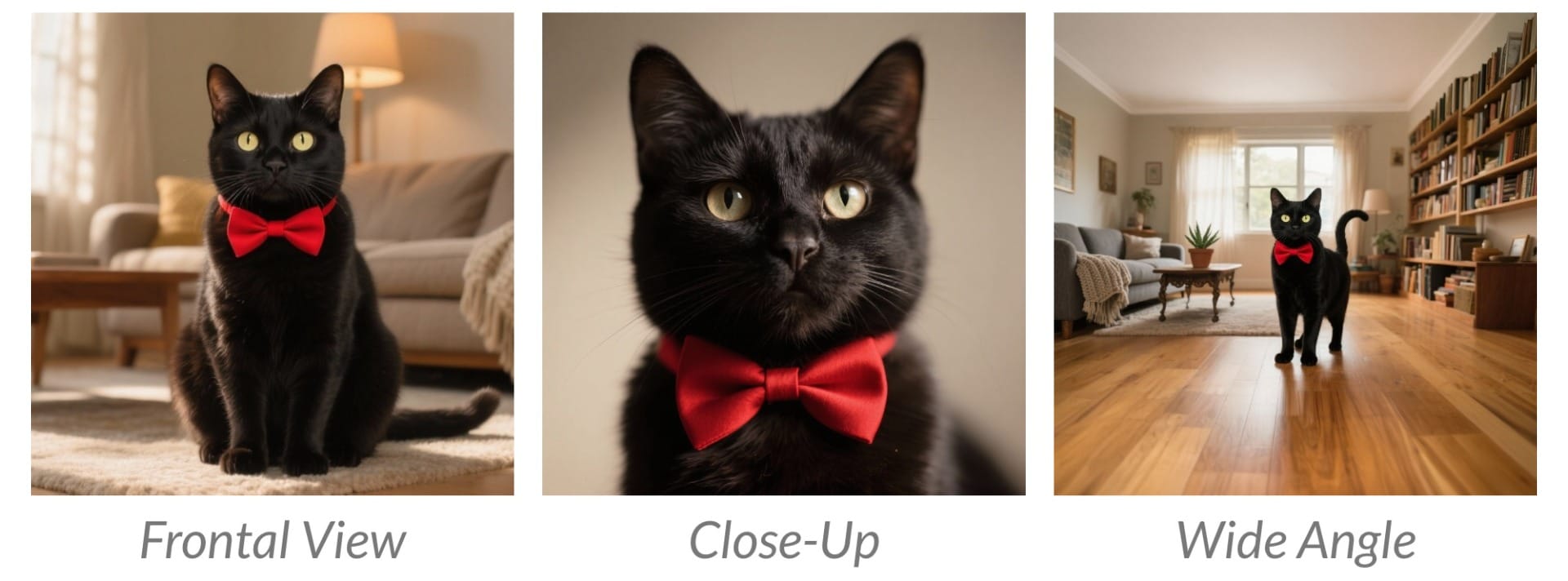 Three AI generated images of a black cat; one done in frontal view, one done as a close-up, and one done as a wide angle