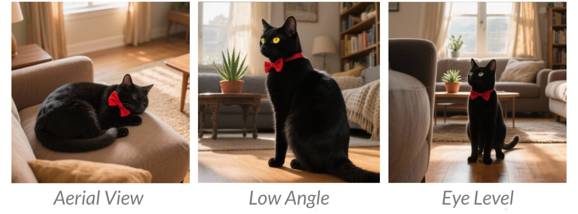 Three AI generated images of a black cat; one done in aerial view, one done as a low-angle, and one done at eye level