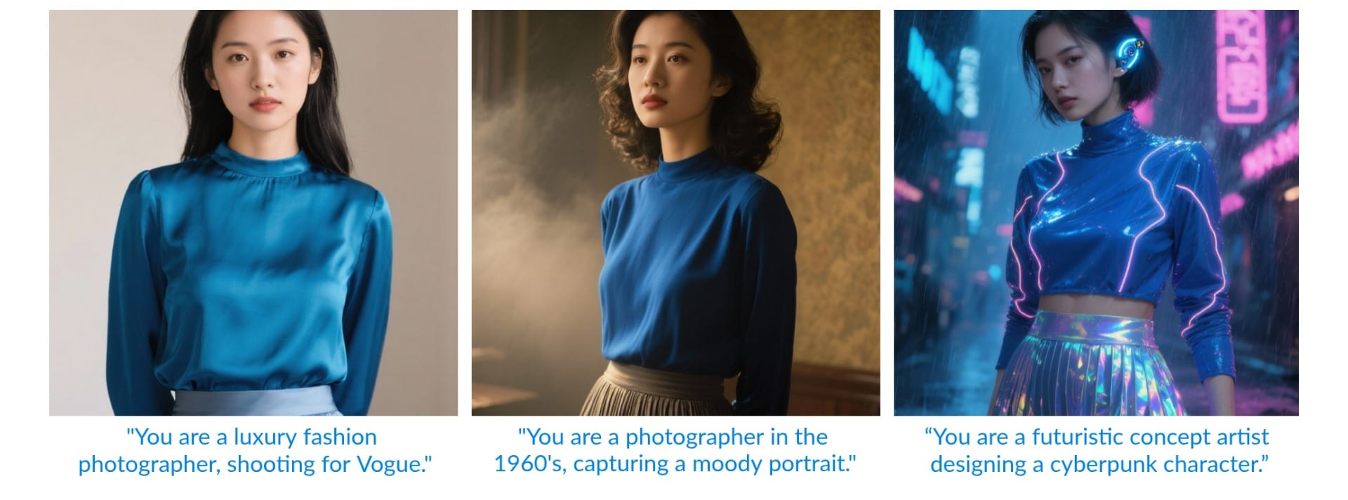 Three portraits of an Asian woman in a jewel-blue top: left styled as a fashion shoot, middle as a 1960s moody portrait, and right as a futuristic cyberpunk character.