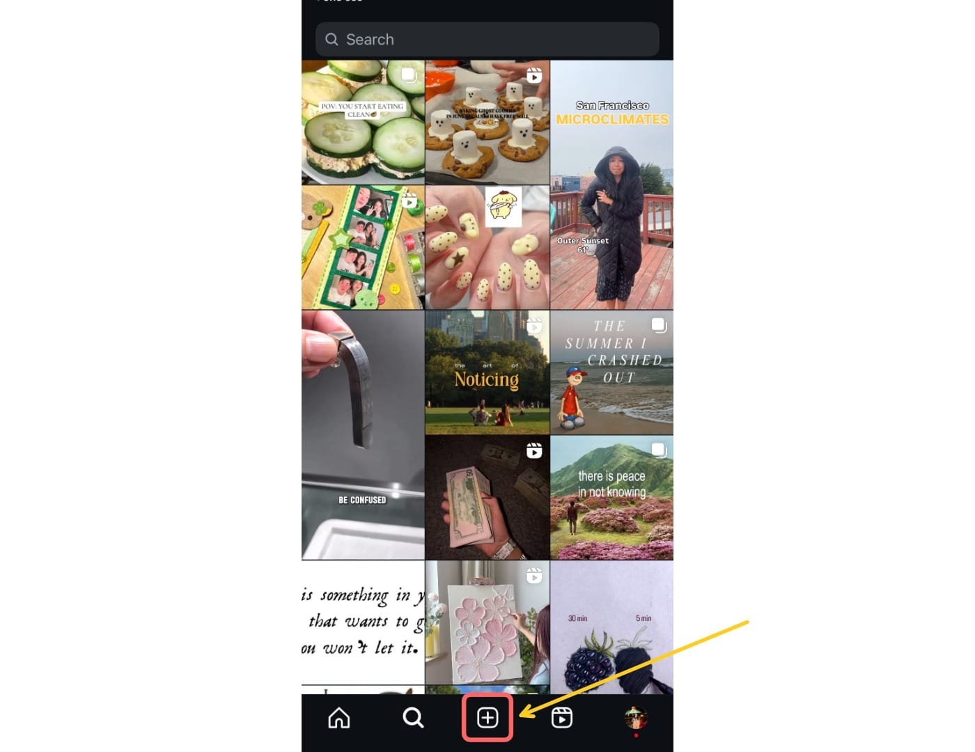 A screenshot showing the Instagram home page with a circle around the '+' button.