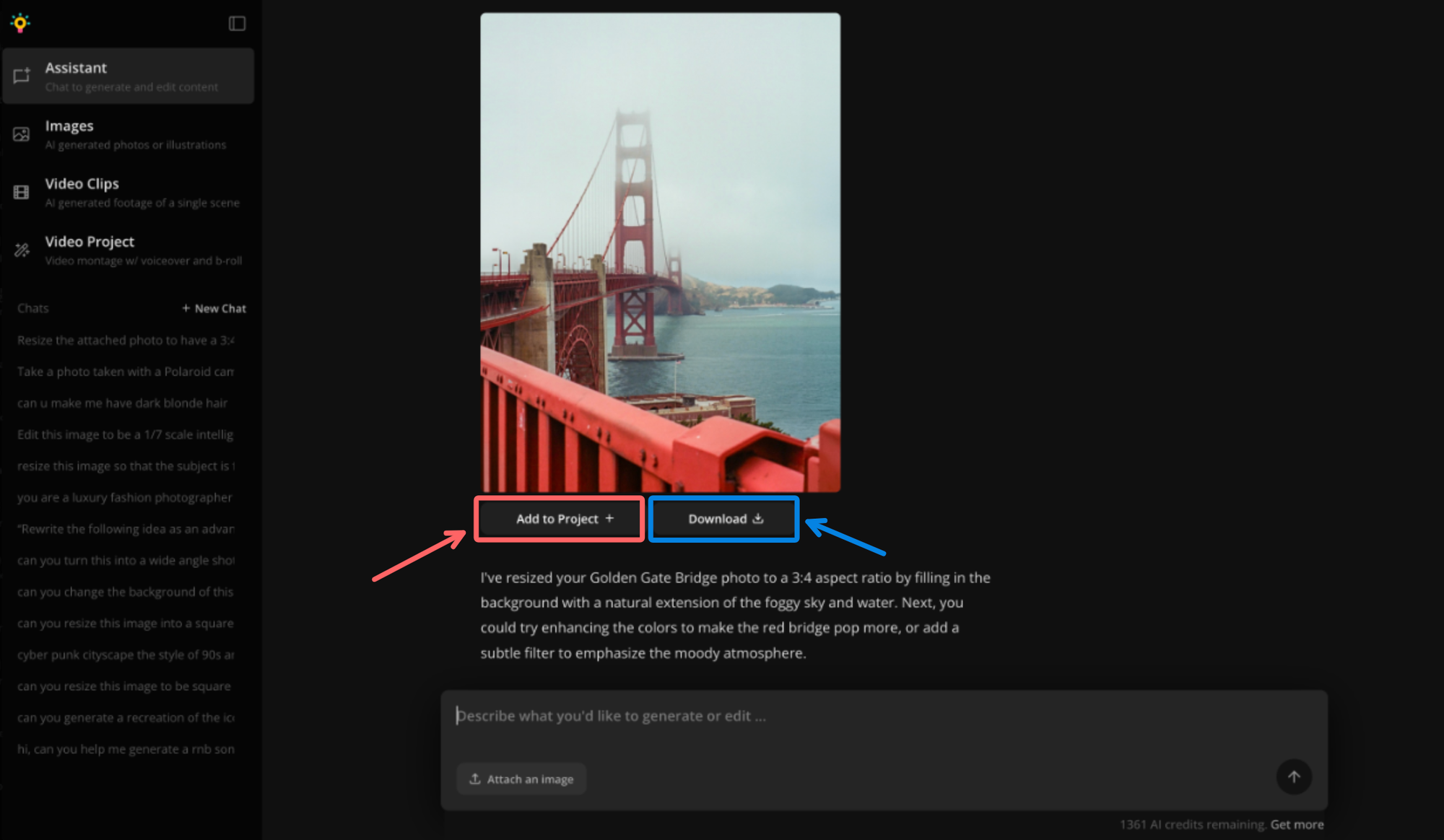 A screenshot showing the Kapwing AI assistant's resized photo, with circles around the Add to Project and Download buttons.