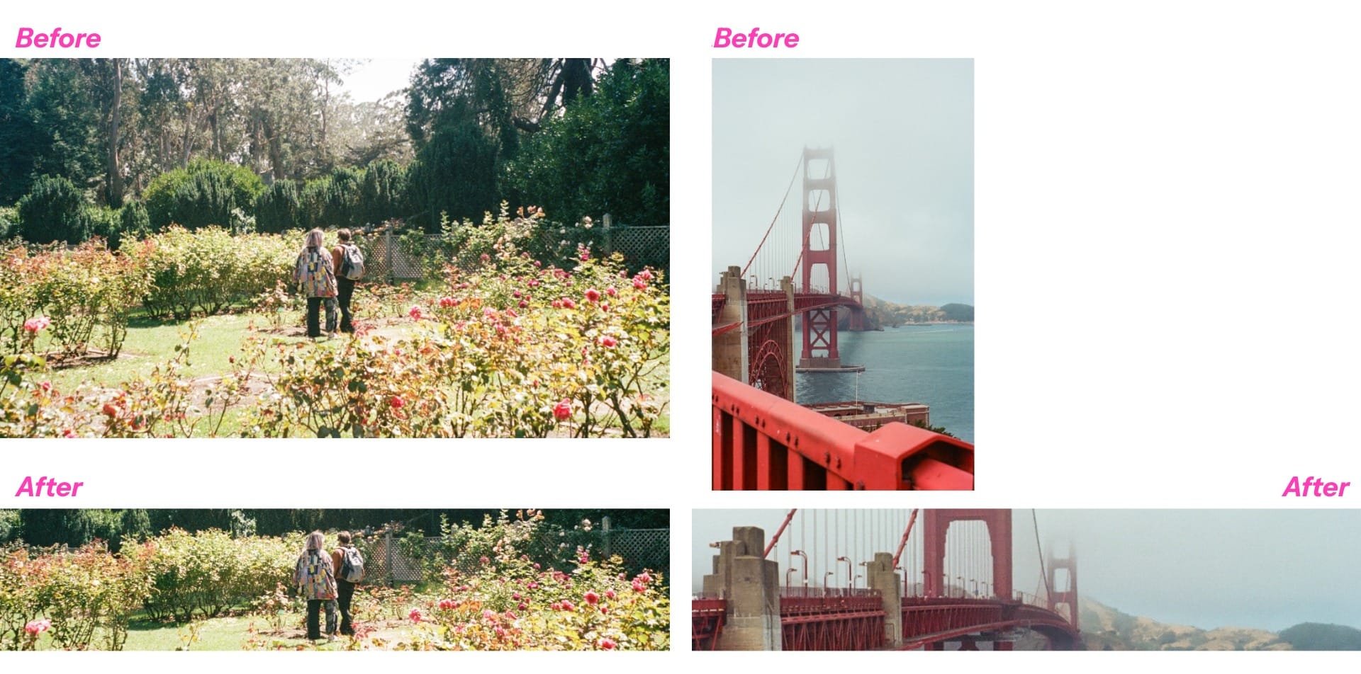 Screenshot comparison showing a garden photo that fits well in the 5120×1080 aspect ratio versus a tall Golden Gate Bridge photo that gets cropped.