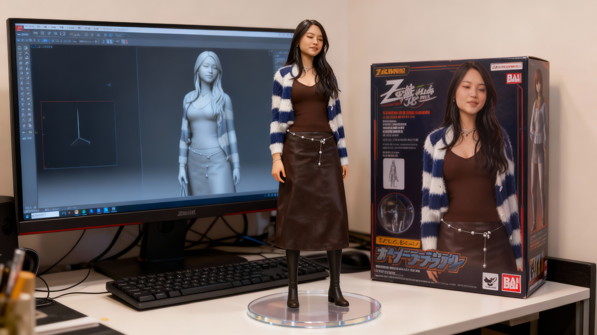 Realistic AI 3D figurine generated from a high-quality photo, displayed on an acrylic base with BANDAI-style packaging. Example of the TikTok AI 3D Figurine Trend done correctly.