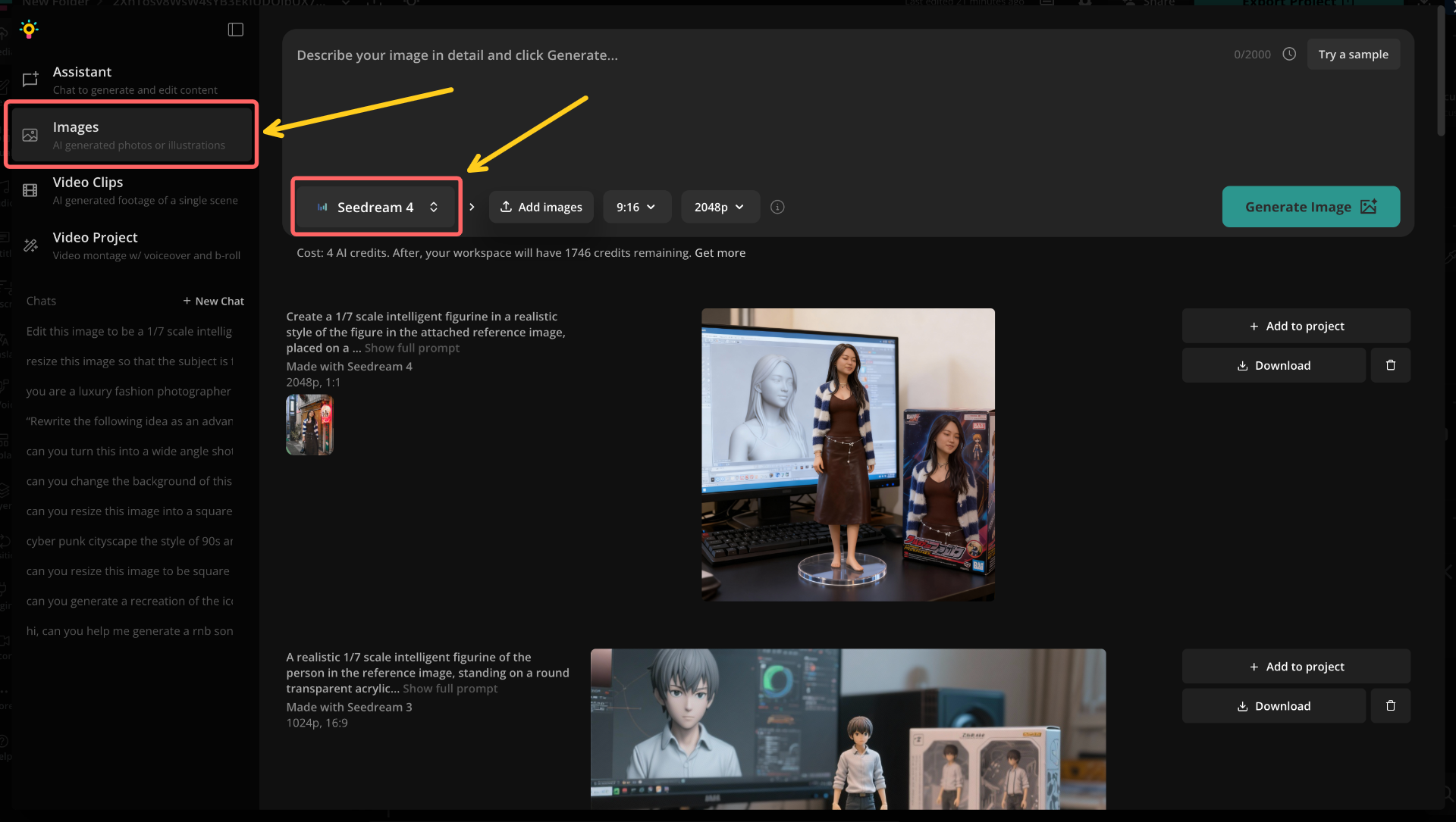 Kapwing Images tab with Seedream 4 model selected, the recommended AI generator for realistic outputs.